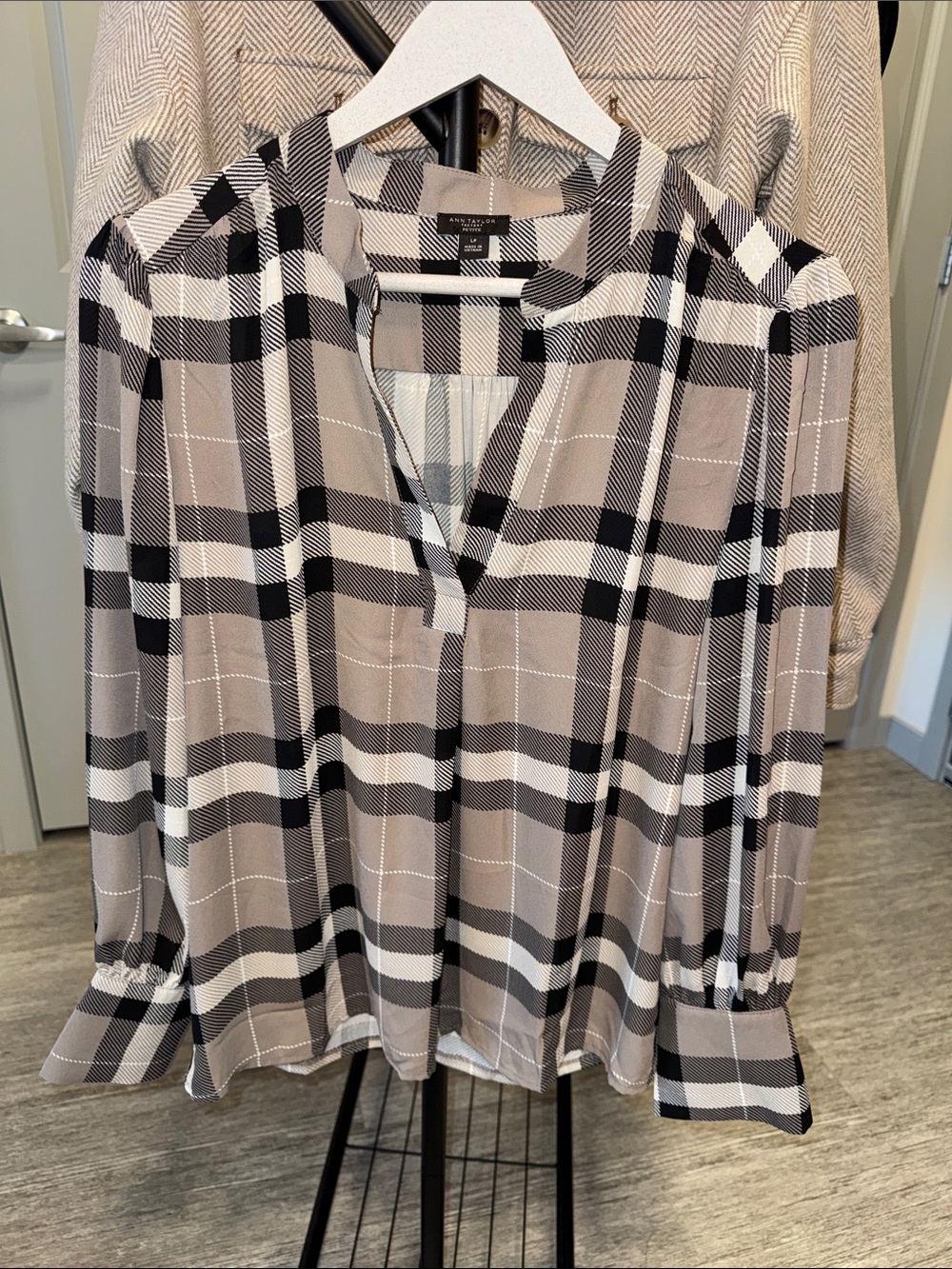 Anne Klein Taupe, Black & White Plaid V-Neck Blouse
